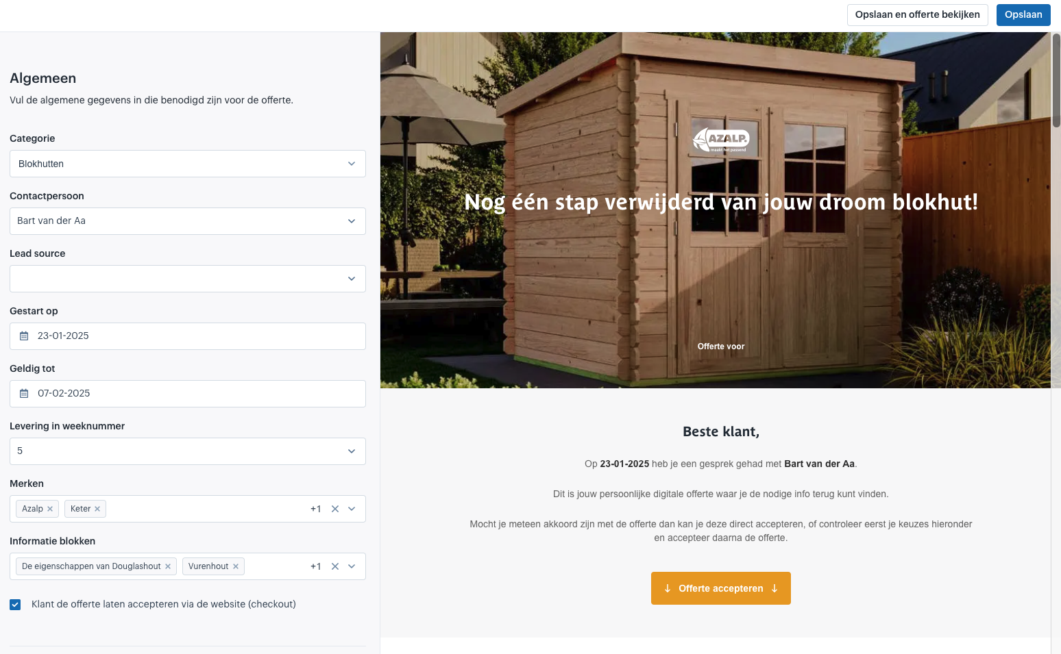 Screenshot van Azalps digitale offertetool (klantfoto uit de oude Prismic-case).