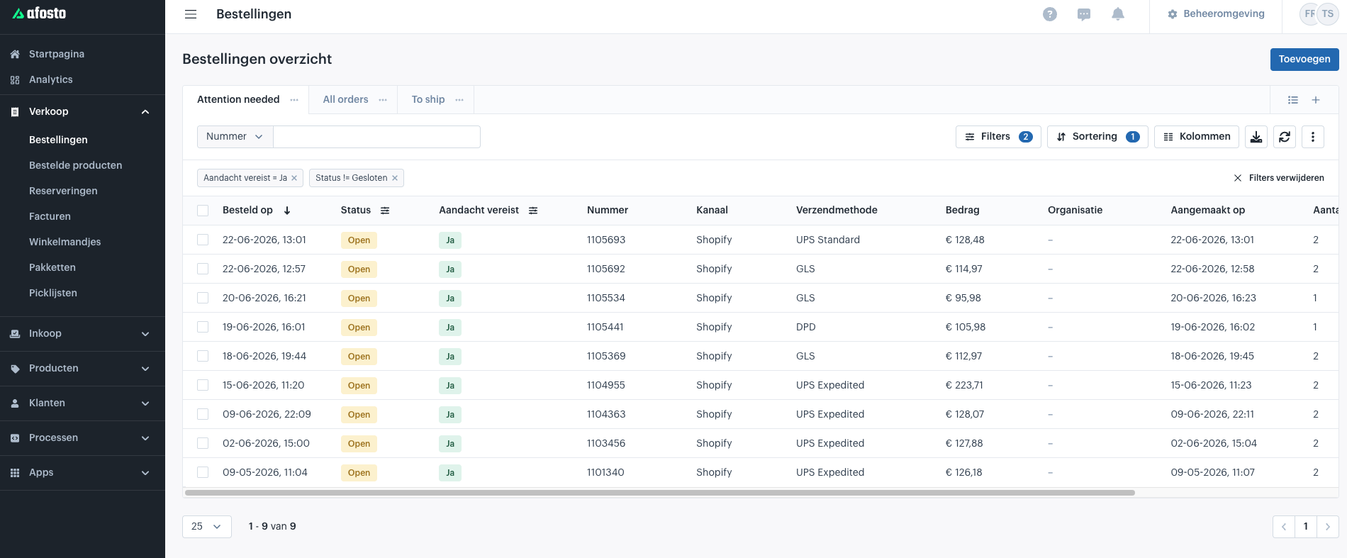 Afosto platform: bestellingenoverzicht van FrancisbyFB met het attention needed-filter dat orders met adresproblemen apart zet