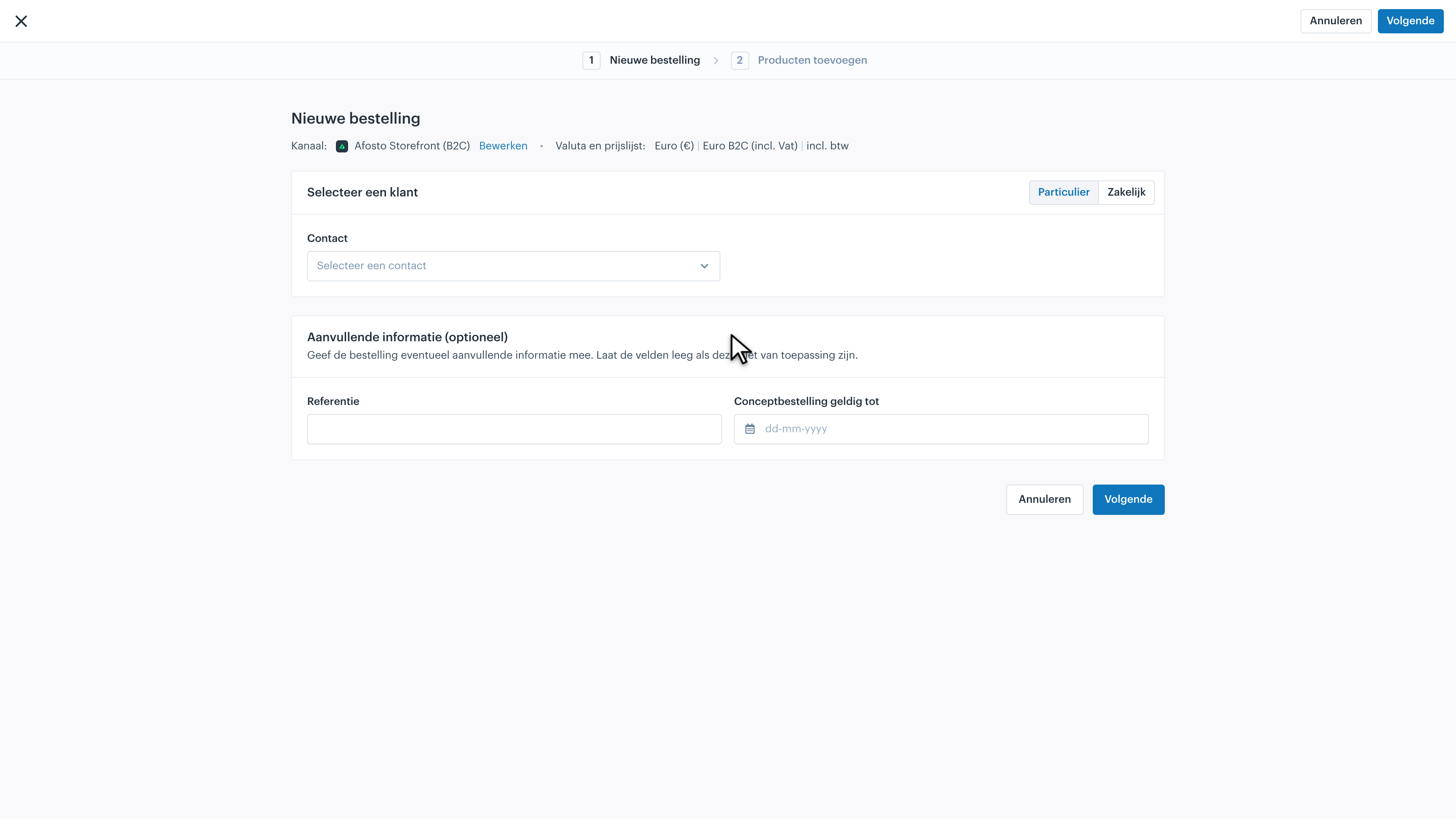 Stap 1 van de wizard: klanttype (Particulier/Zakelijk) en het verplichte contact kiezen, met optionele referentie en conceptbestelling-vervaldatum.