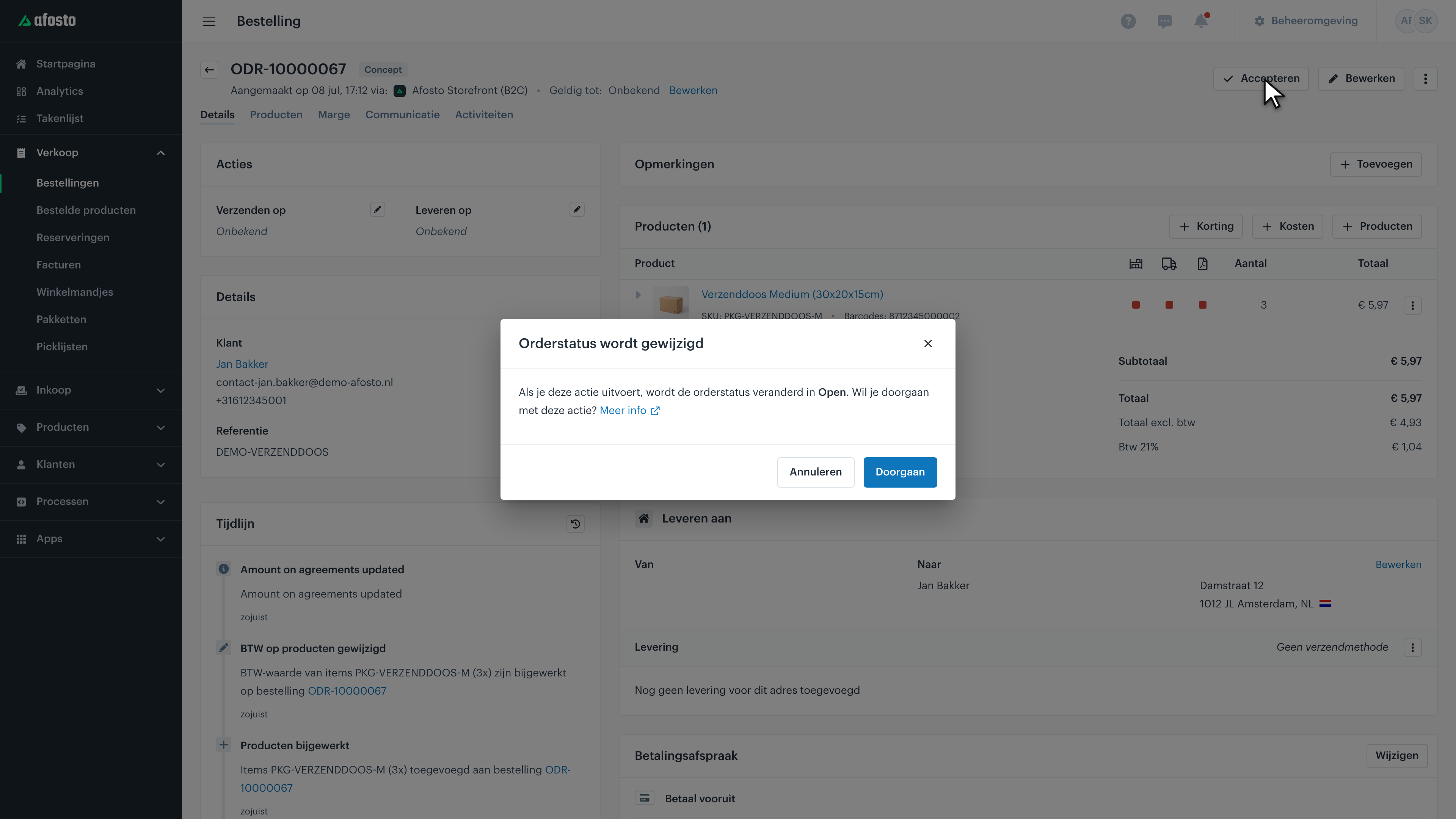 Bij accepteren verandert de orderstatus van Concept naar Open. Een bevestigingsdialoog vraagt om door te gaan.