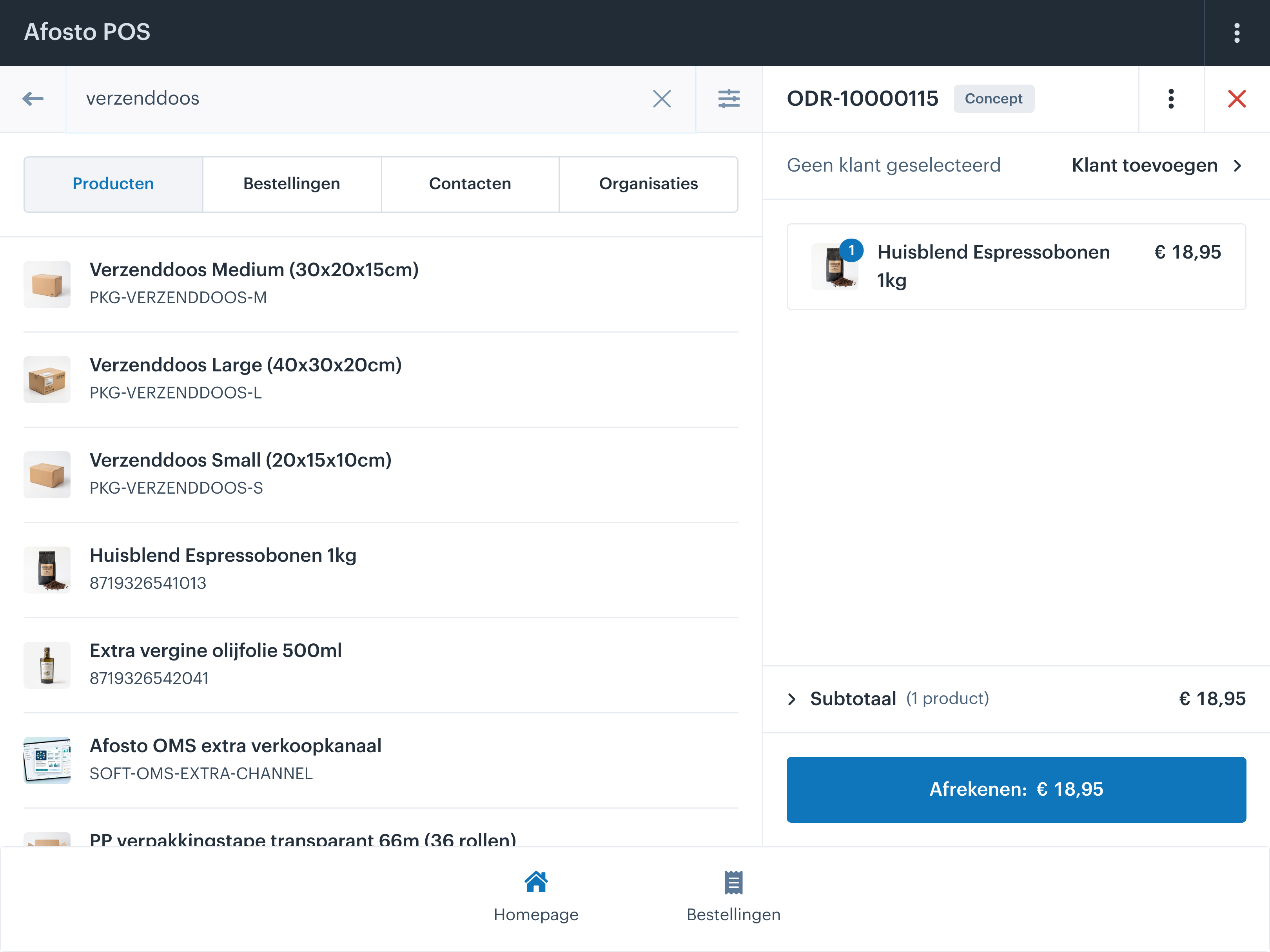 De zoek-overlay van Afosto POS met tabs voor producten, bestellingen, contacten en organisaties. Zoeken op naam, artikelnummer of barcode; één tik voegt het product aan de bon toe.