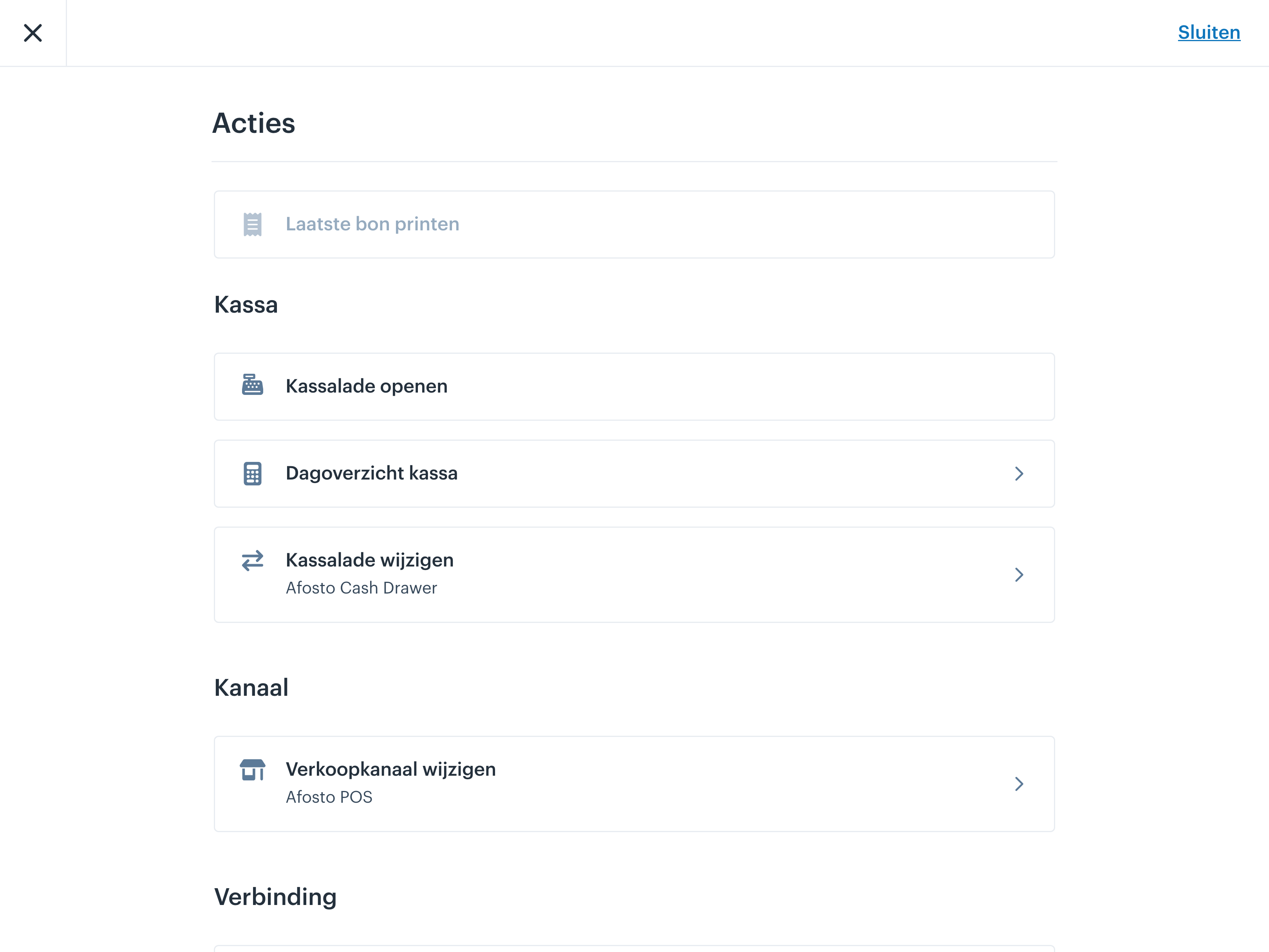 Het kassamenu van Afosto POS met dagelijkse kassa-acties zoals kassalade openen, laatste bon printen, dagoverzicht en verbinding met de bonprinter.