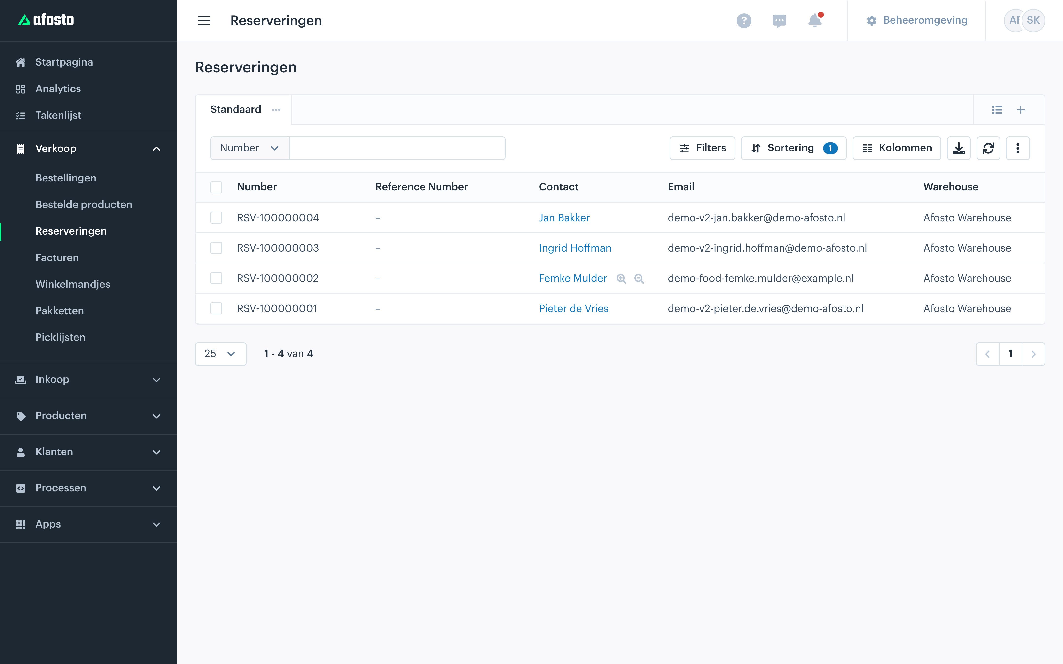 BackOffice reserveringen met contact, e-mail en warehouse.