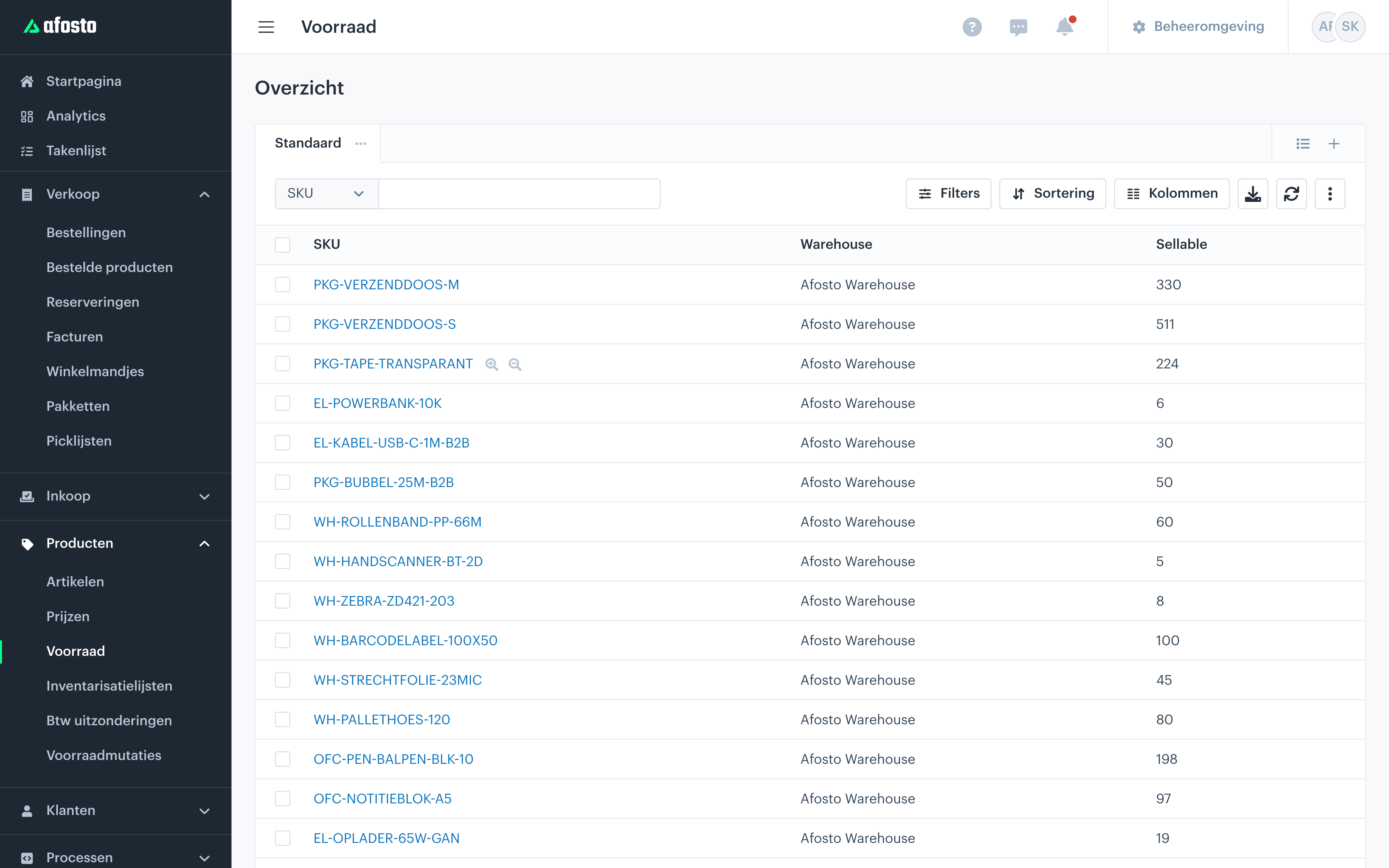 BackOffice voorraadoverzicht: SKU-lijst met warehouse en sellable-voorraad.
