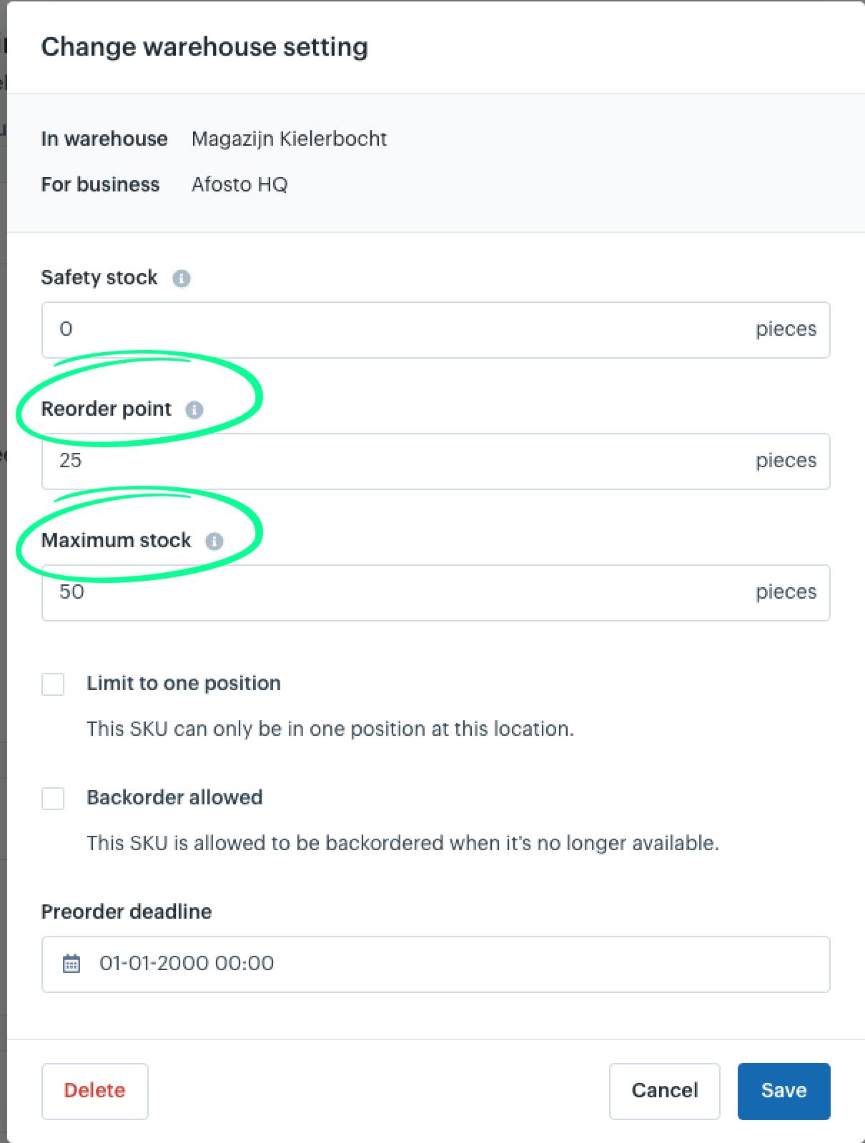 Warehouse settings item | Replenishment list | Afosto