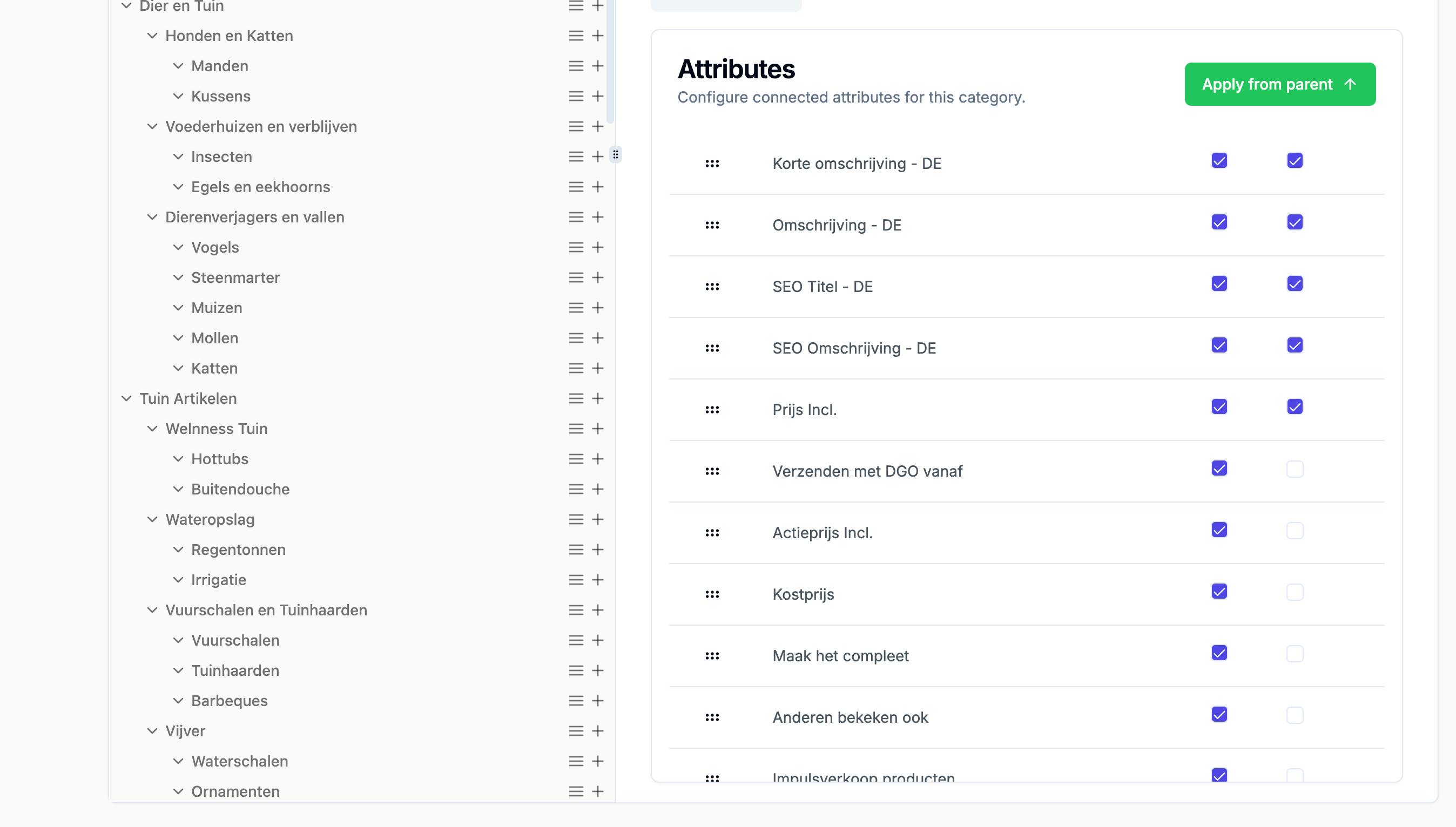 Screenshot attributen productdata