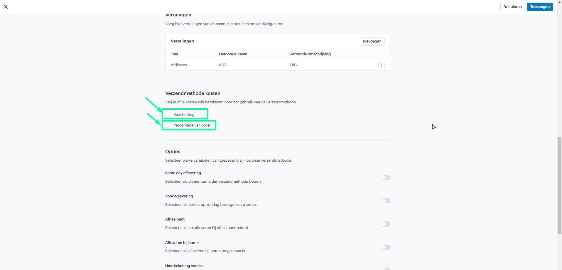 Kosten voor de verzendmethode