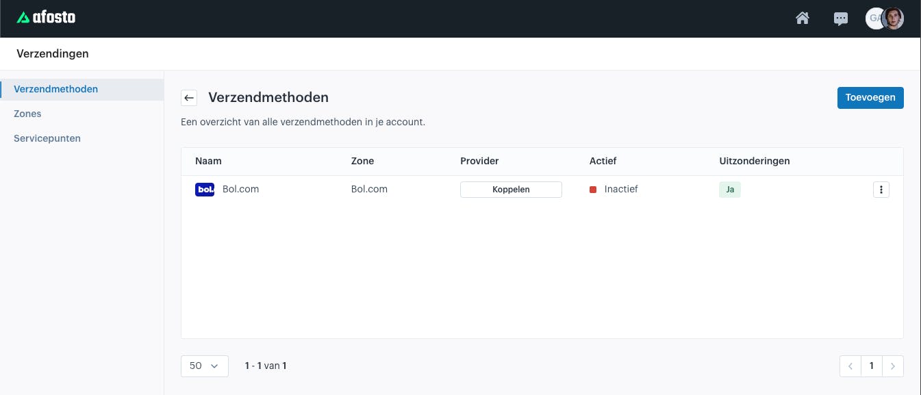 Verzendmethoden overzicht met een Bol.com verzend methode die nog niet gekoppeld is aan een provider