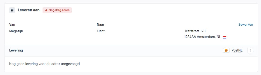 Screenshot van de orderdetailpagina in Afosto waar een ongeldig adres zichtbaar is en door een medewerker kan worden gecorrigeerd voordat de order wordt doorgestuurd naar fulfilment.