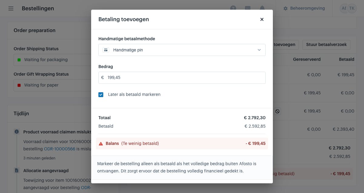 betaling toevoegen afosto platform modal