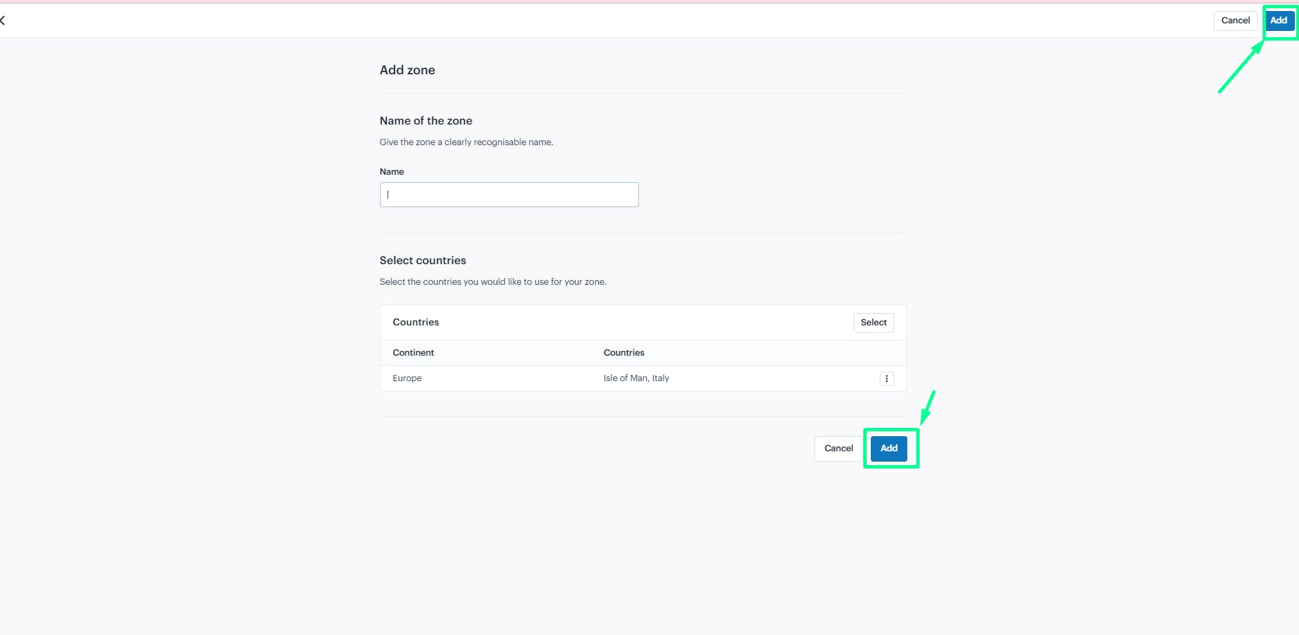 Add delivery zone for the shipping method