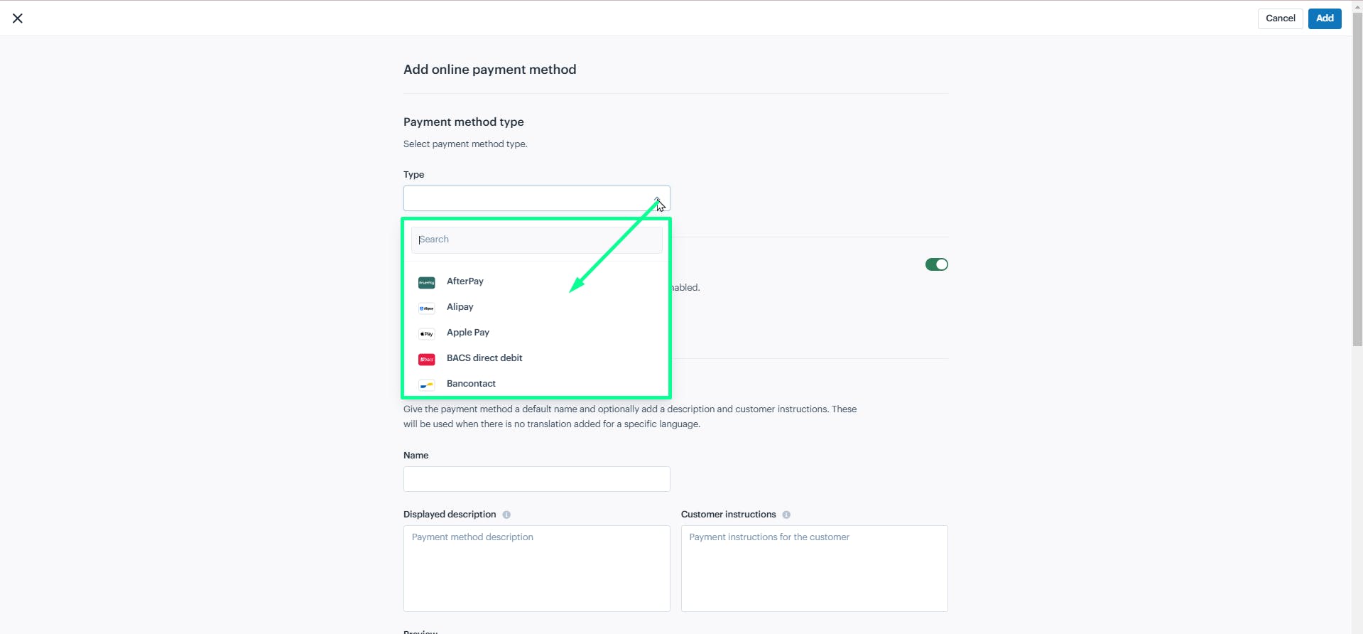 Select the payment method
