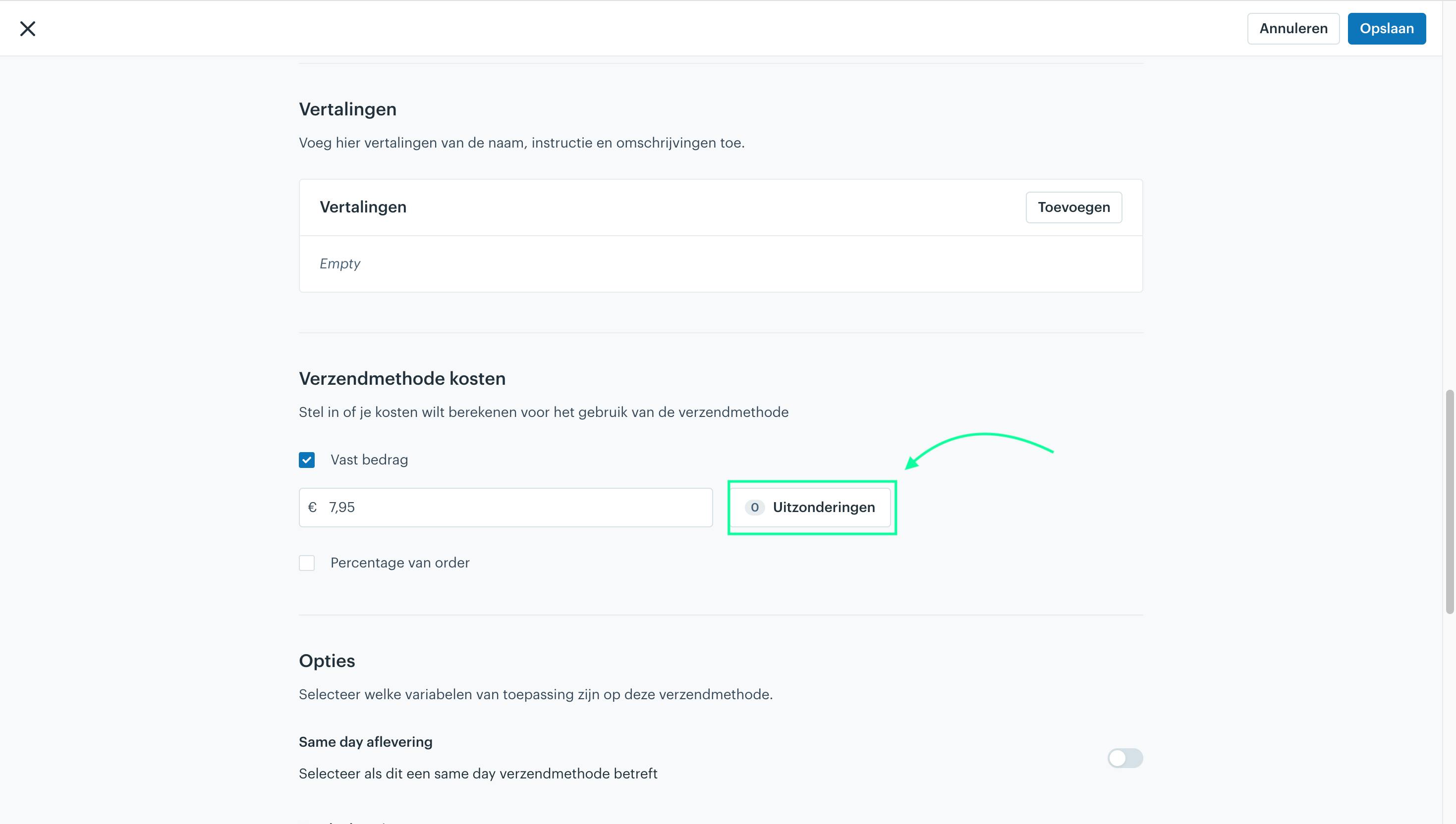 Uitzondering instellen voor verzendkosten