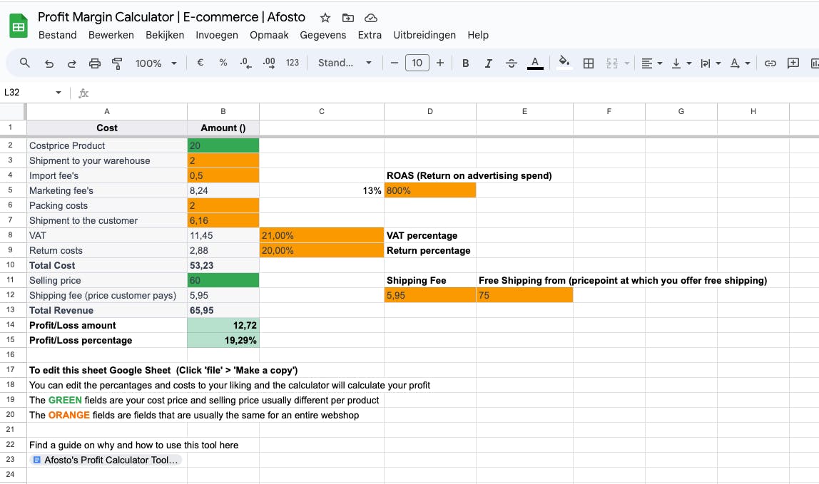 Screenshot of the Afosto profit margin calculator
