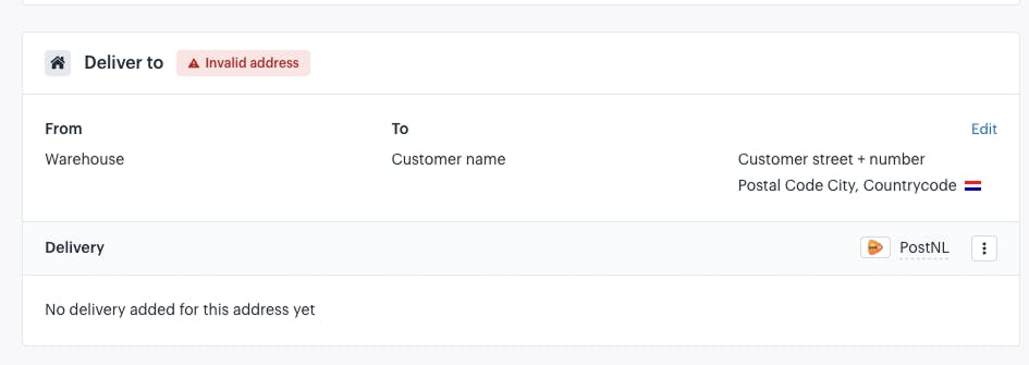 Screenshot of the order detail page in Afosto where an invalid shipping address is flagged and can be corrected by staff before being sent to fulfilment.