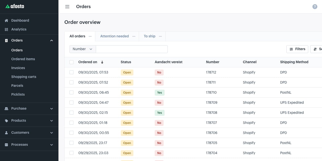 Screenshot of the Afosto Order Management System showing the “Attention Required” tab where orders with invalid shipping addresses are listed separately.