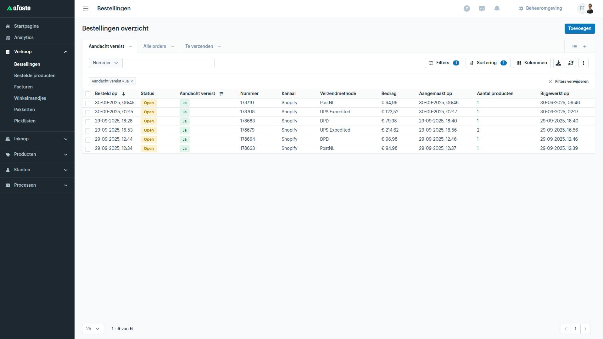 Screenshot van het Afosto Order Management Systeem met het tabblad ‘Aandacht vereist’, waarin bestellingen met ongeldige adressen apart worden weergegeven.