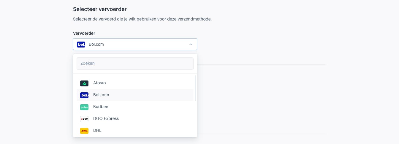 Vervoerder veld met Bol.com als geselecteerde vervoeder