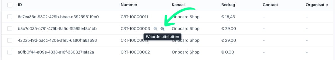 Voorbeeld van een 'Waarde uitsluiten' snel filter knop