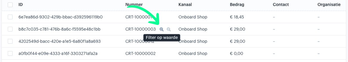 Voorbeeld van een 'Filter op waarde' snel filter knop
