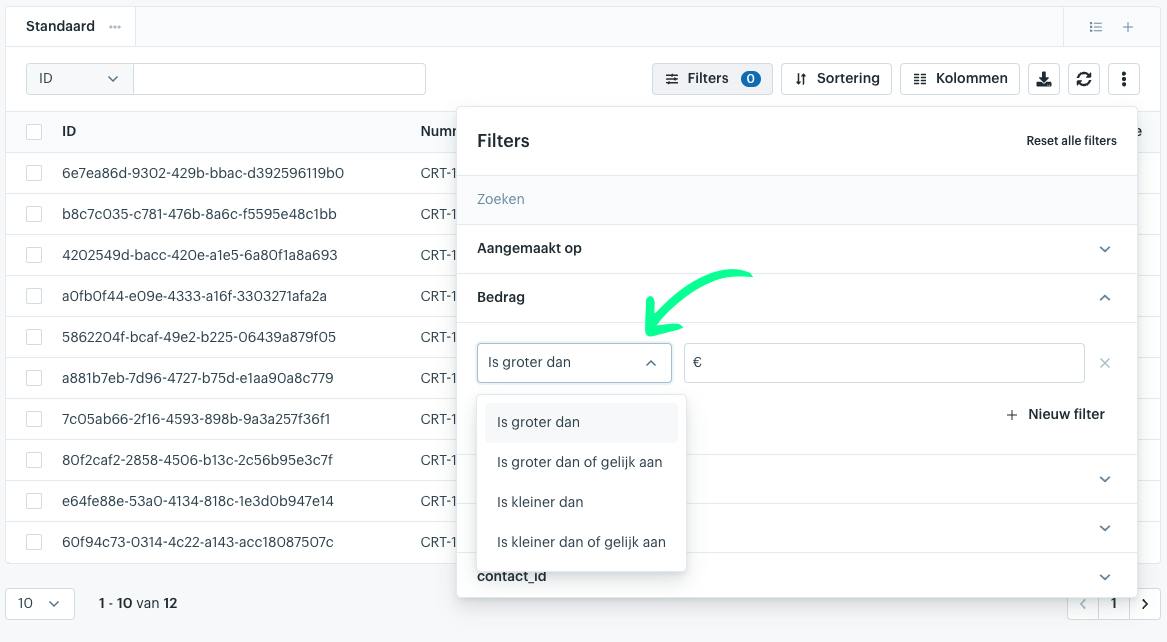 Voorbeeld van filter operators in het filters menu