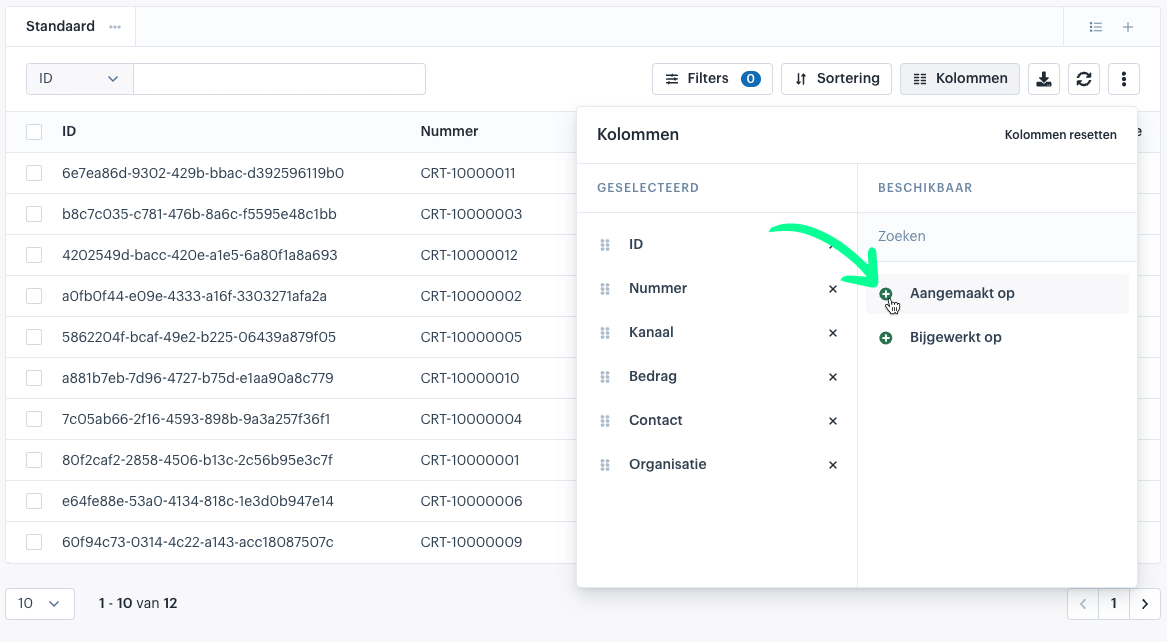 Datagrid met open kolom menu met aanduiding hoe je een kolom toevoegt