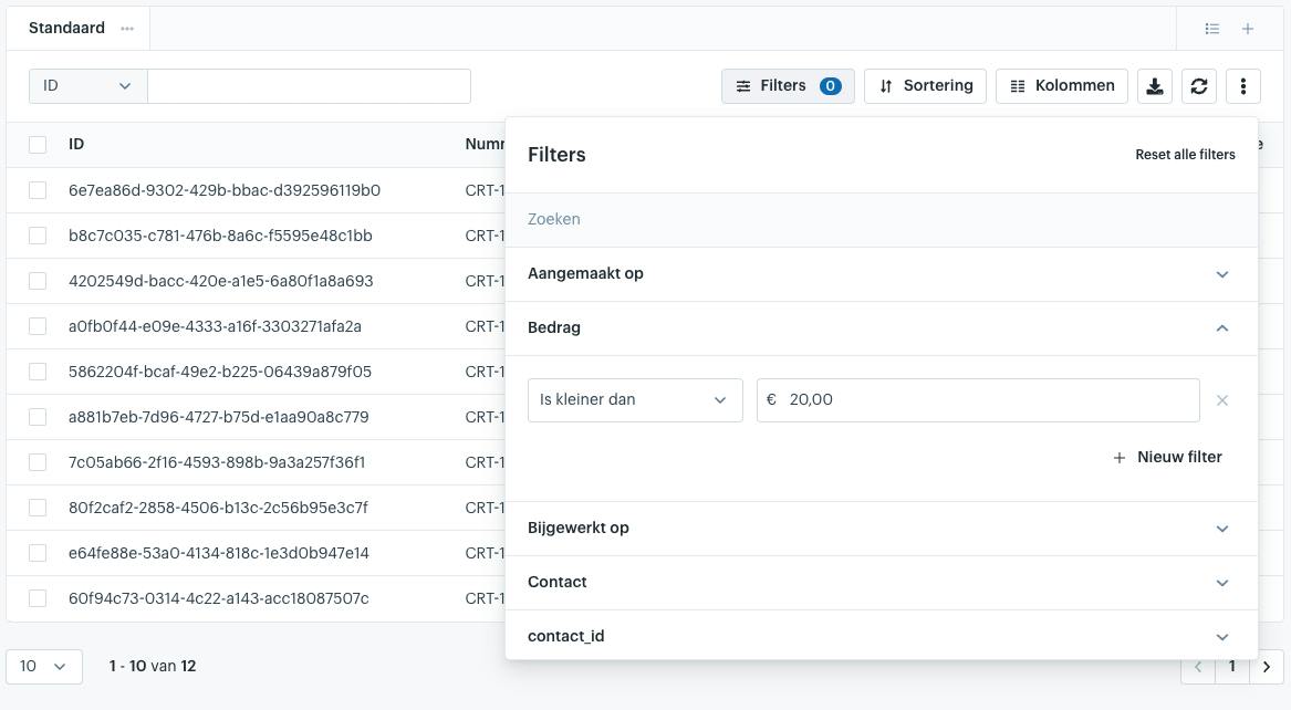 Open filter menu met bedrag filter open